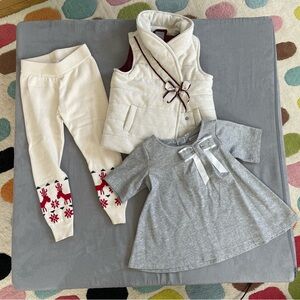 Cream vest, grey dress and knit leggings